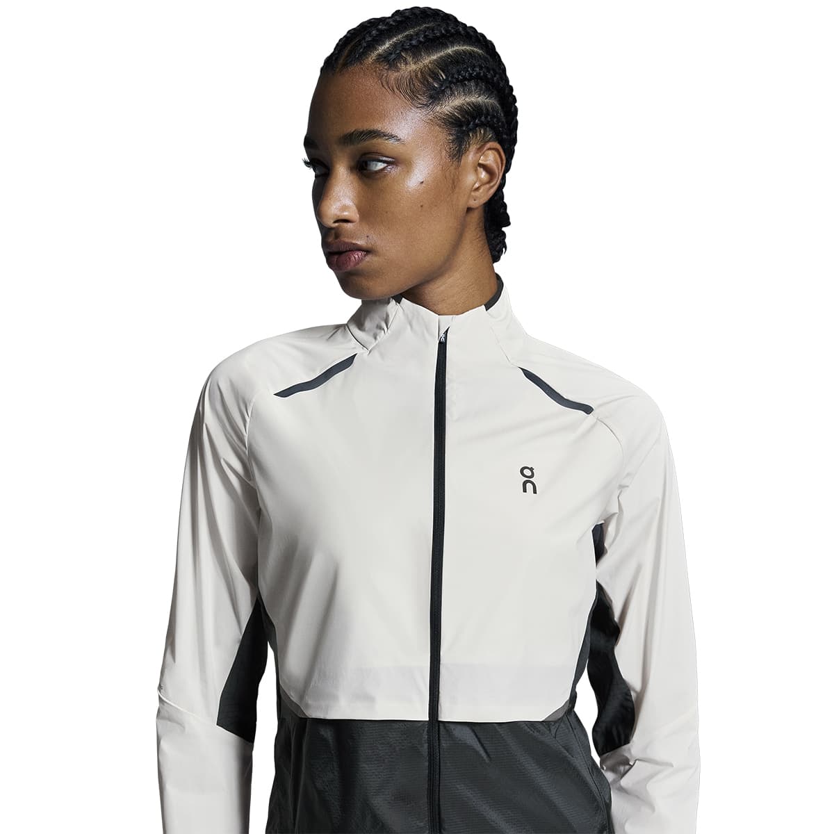 Woman wearing the On Weather Jacket Colour Silver Eclipse - Front Detail Zoom