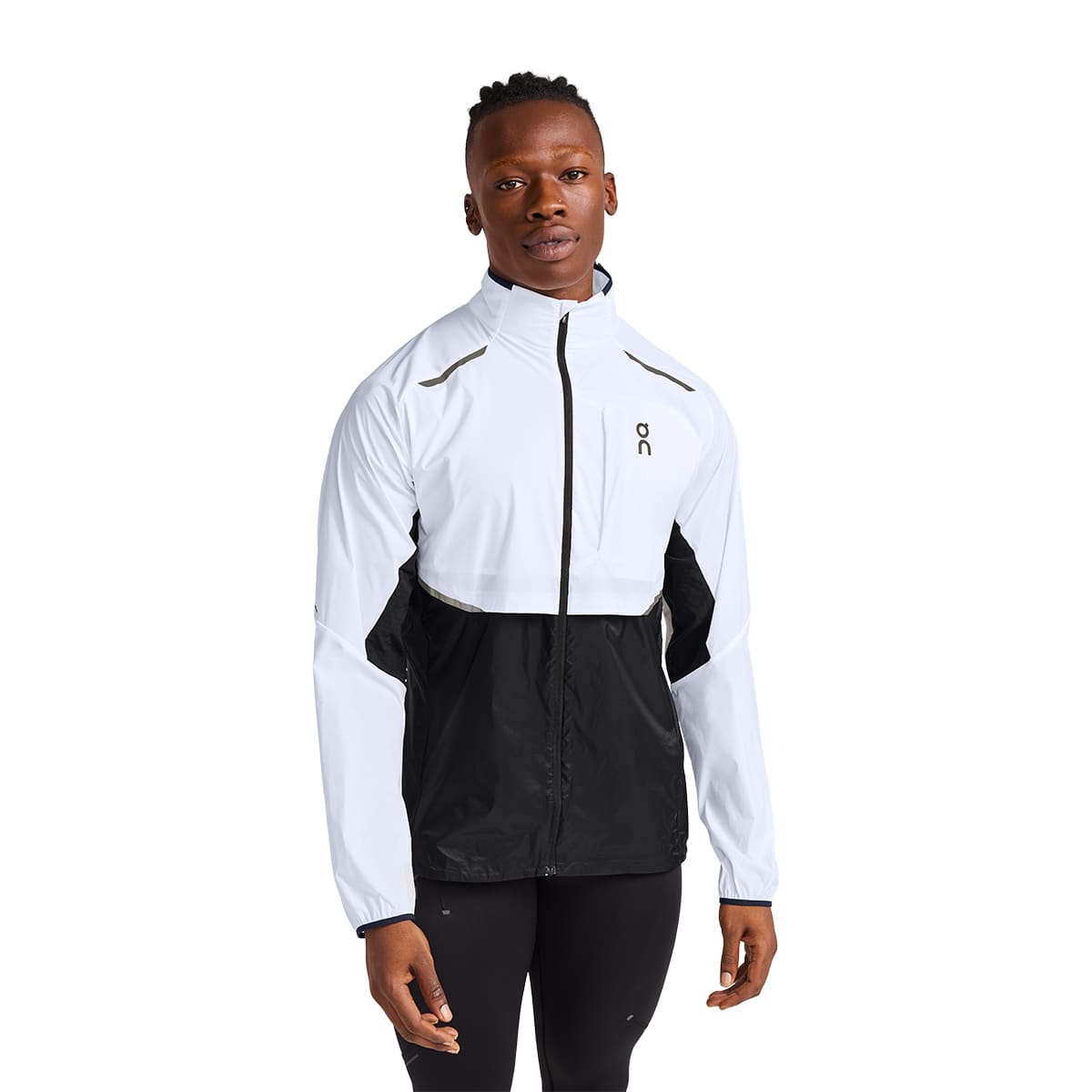 Man wearing the On Weather Jacket Colour White Black