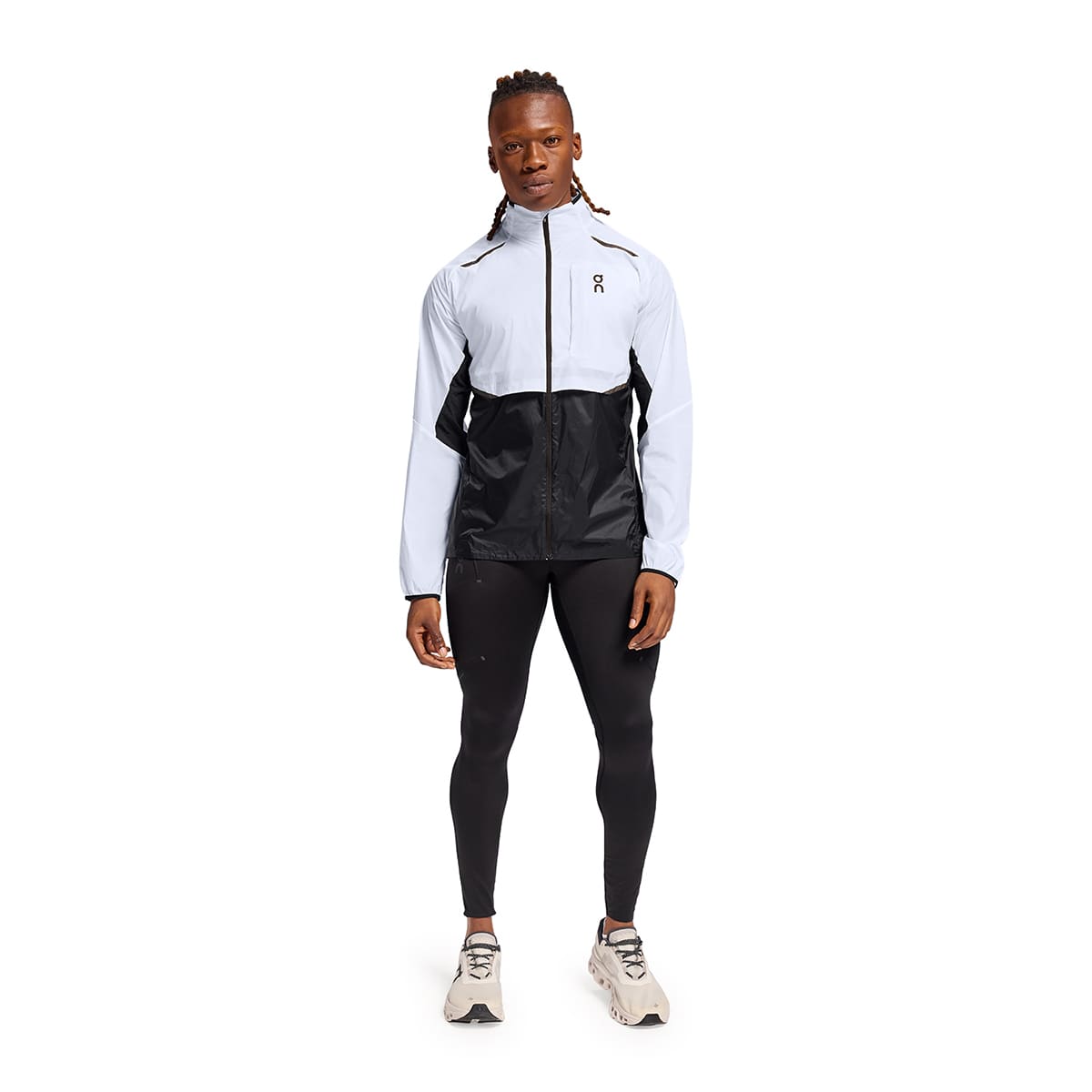 Man wearing the On Weather Jacket Colour White Black - Front View
