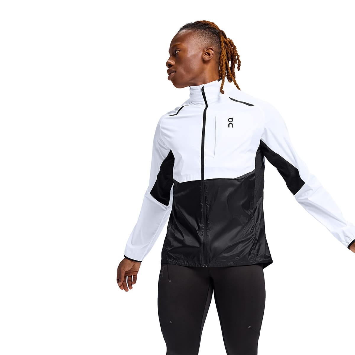 Man wearing the On Weather Jacket Colour White Black - Front View Motion