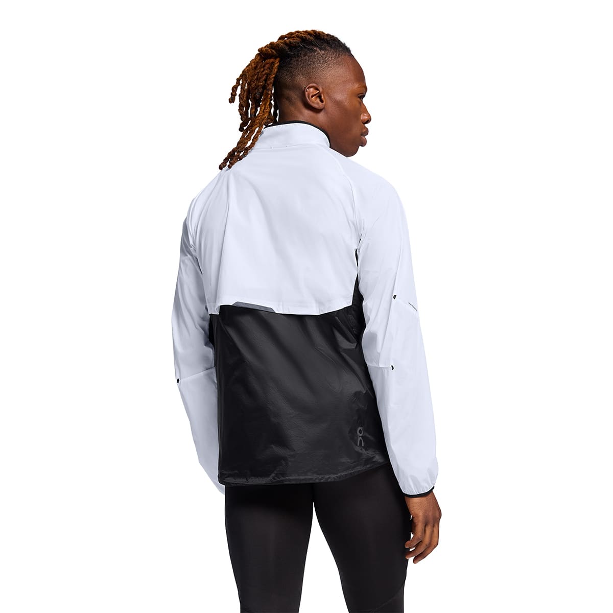 Man wearing the On Weather Jacket Colour White Black - Back View
