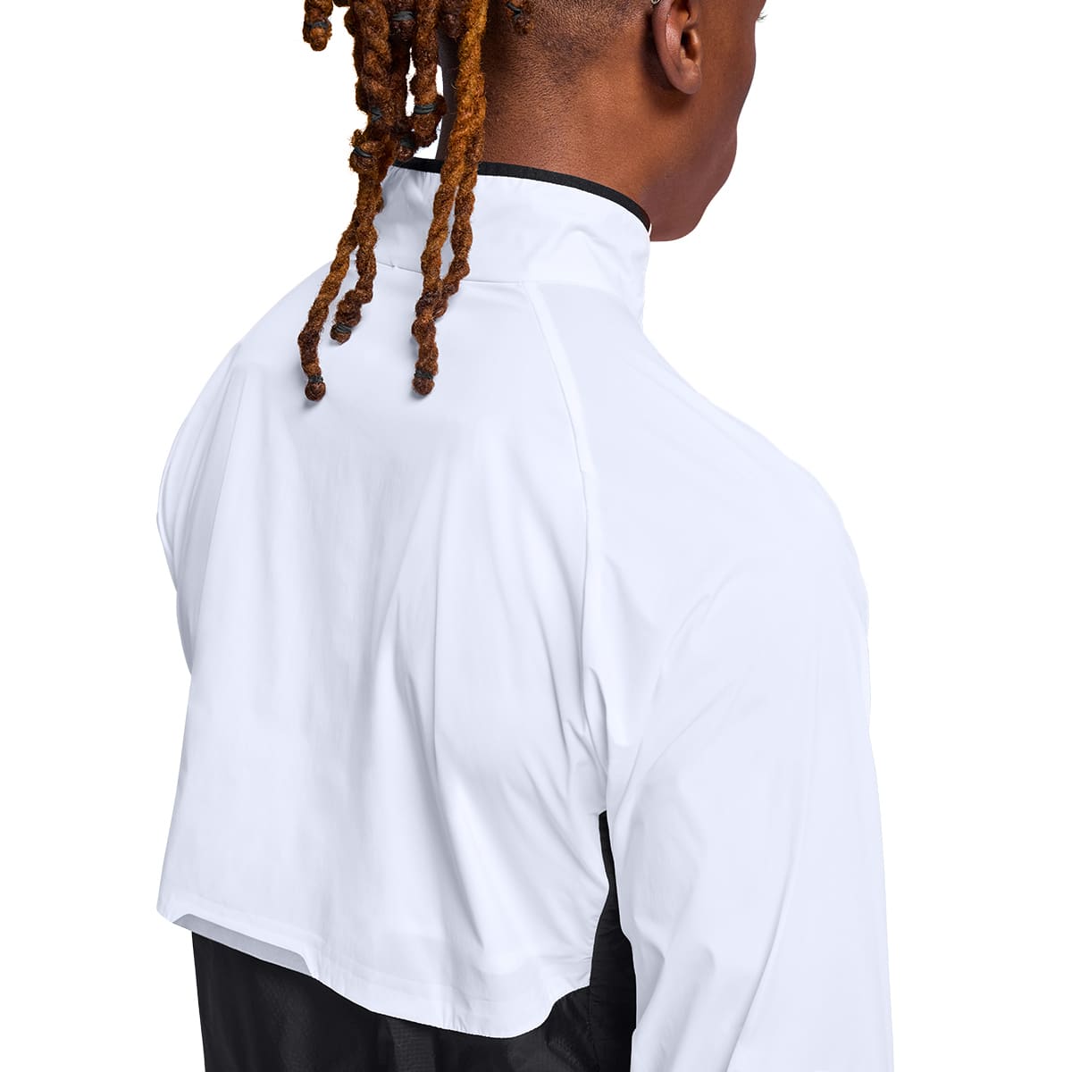 Man wearing the On Weather Jacket Colour White Black - Back View Collar