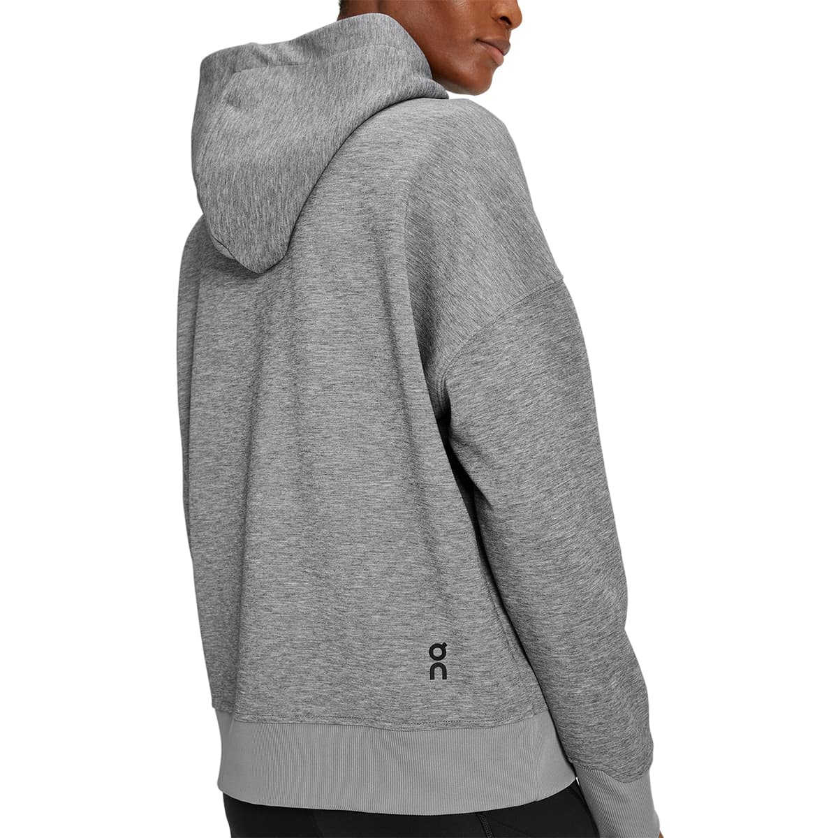 Woman wearing the On Zipped Hoodie Colour Grey - Back Logo Detail
