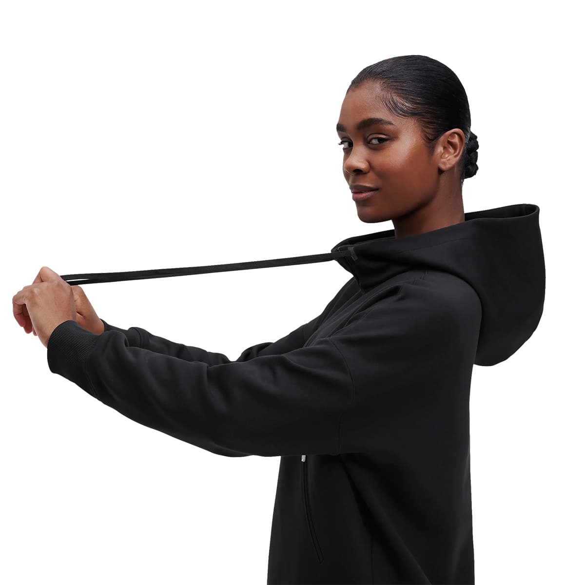 Woman wearing the On Zipped Hoodie Colour black - Side Profile Draw Strings