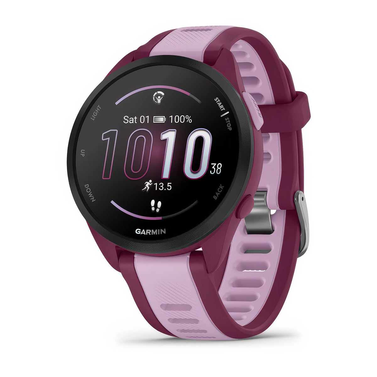 Front-left product shot of the Garmin Forerunner 165 Music showing watch face in Berry-Lilac #color_berry-lilac