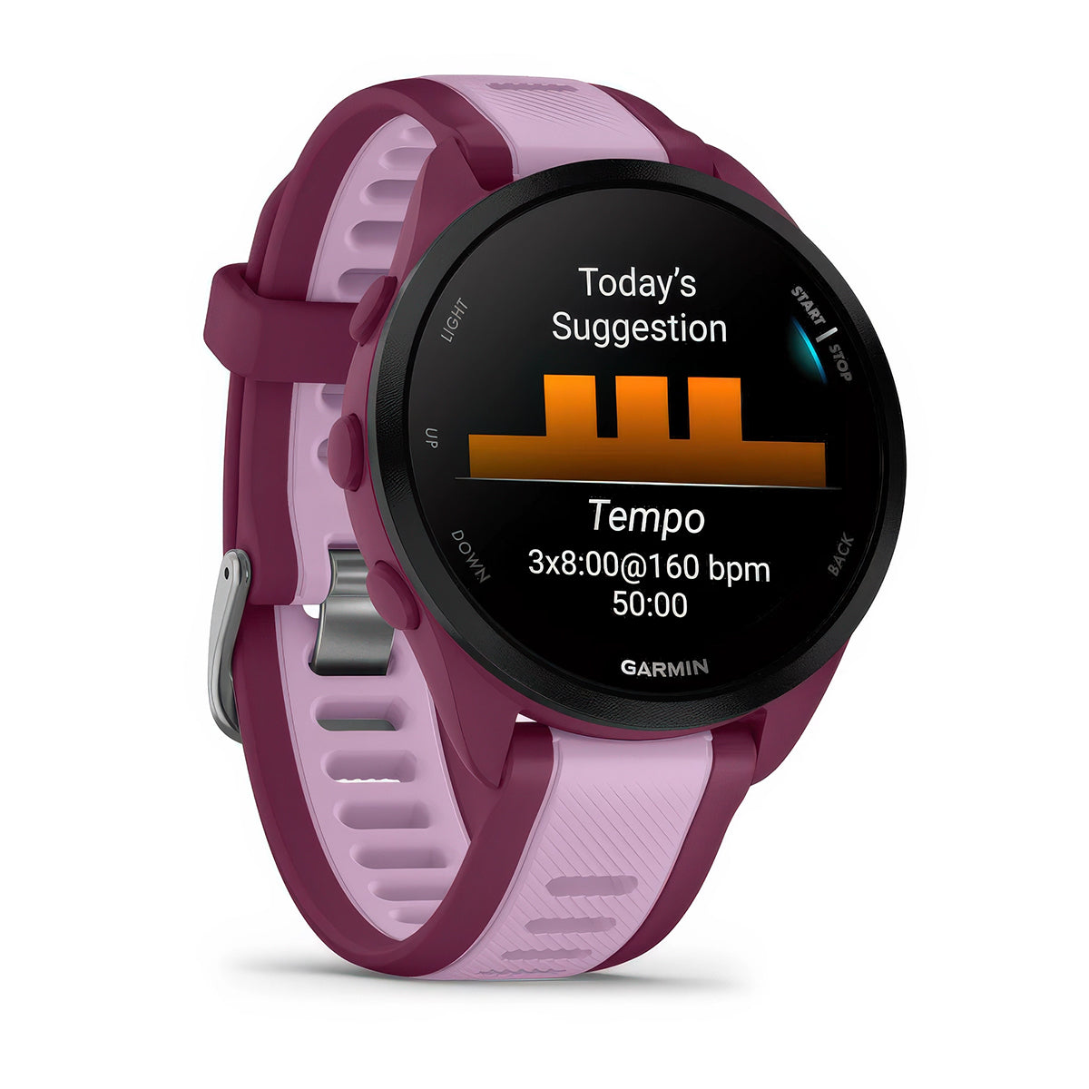 Front-right product shot of the Garmin Forerunner 165 Music showing daily suggested workouts in Berry-Lilac #color_berry-lilac