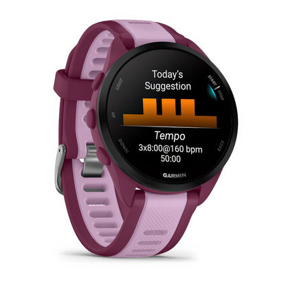 Front-right product shot of the Garmin Forerunner 165 Music showing daily suggested workouts in Berry-Lilac 