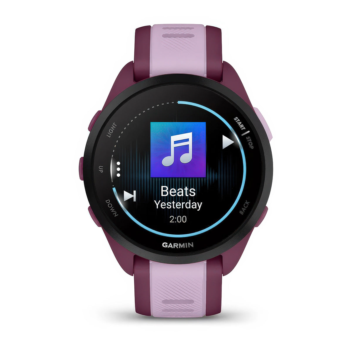 Front product shot of the Garmin Forerunner 165 Music showing music feature in Berry-Lilac #color_berry-lilac