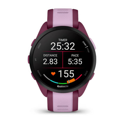 Front product shot of the Garmin Forerunner 165 Music showing pace, distance, and heart rate stats in Berry-Lilac 