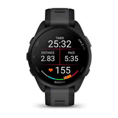 Front product shot of the Garmin Forerunner 165 Music showing pace, distance, and heart rate stats in Black-Slate Grey 