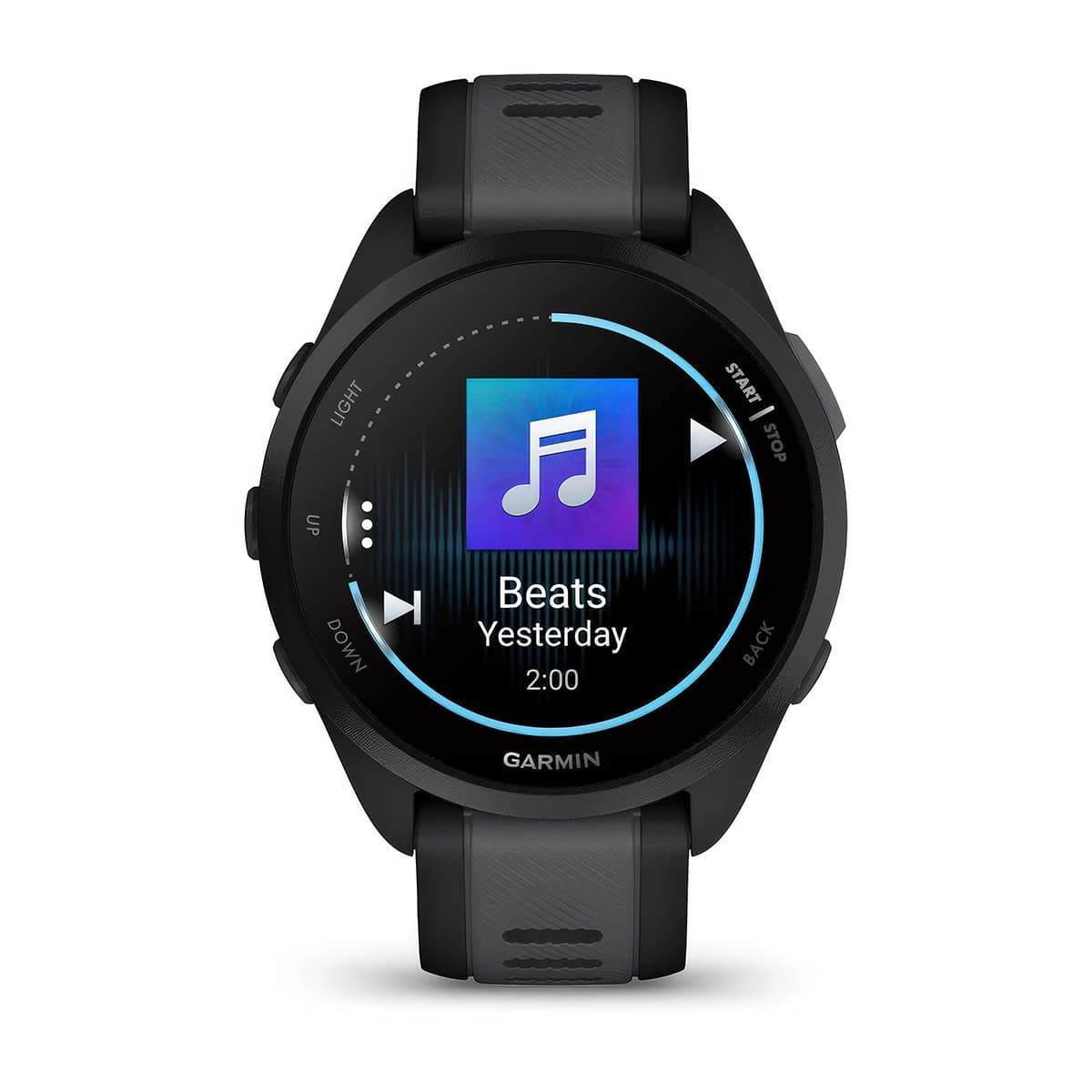 Front product shot of the Garmin Forerunner 165 Music showing music feature in Black-Slate Grey 