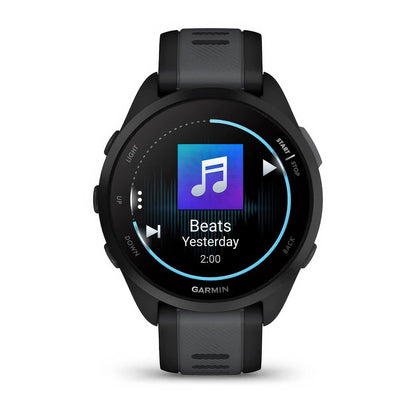 Front product shot of the Garmin Forerunner 165 Music showing music feature in Black-Slate Grey 