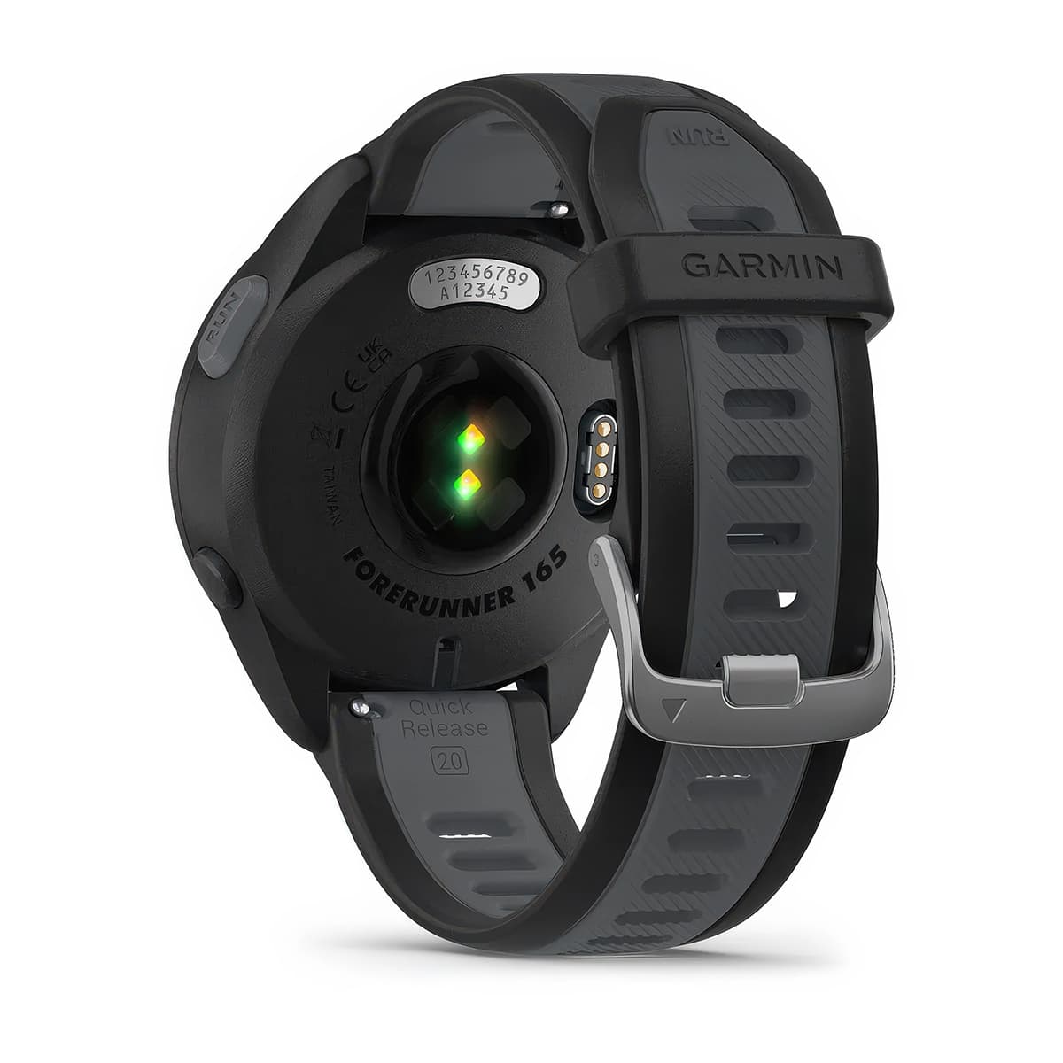 Rear product shot of the Garmin Forerunner 165 Music showing back sensor in Black-Slate Grey 