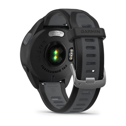Rear product shot of the Garmin Forerunner 165 Music showing back sensor in Black-Slate Grey 