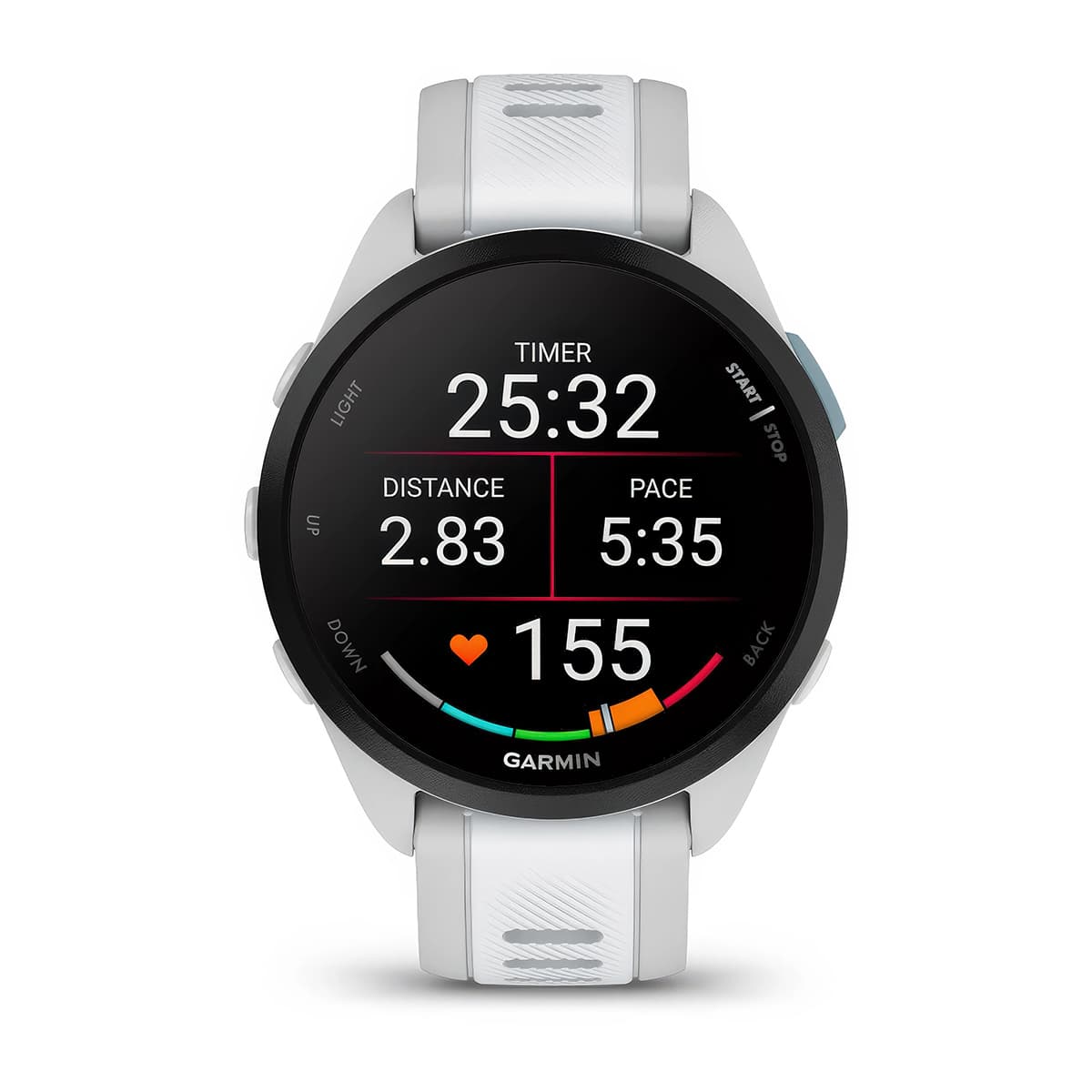 Front product shot of the Garmin Forerunner 165 Music showing pace, distance, and heart rate stats in Mist Grey-Whitestone 