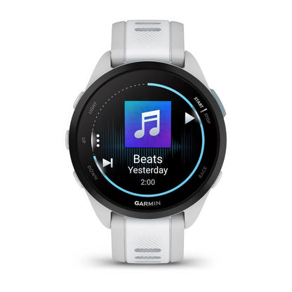 Front product shot of the Garmin Forerunner 165 Music showing music feature in Mist Grey-Whitestone 