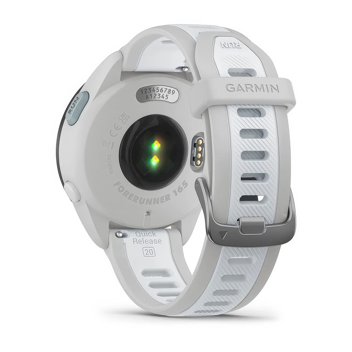 Rear product shot of the Garmin Forerunner 165 Music showing back sensor in Mist Grey-Whitestone 