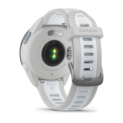 Rear product shot of the Garmin Forerunner 165 Music showing back sensor in Mist Grey-Whitestone 