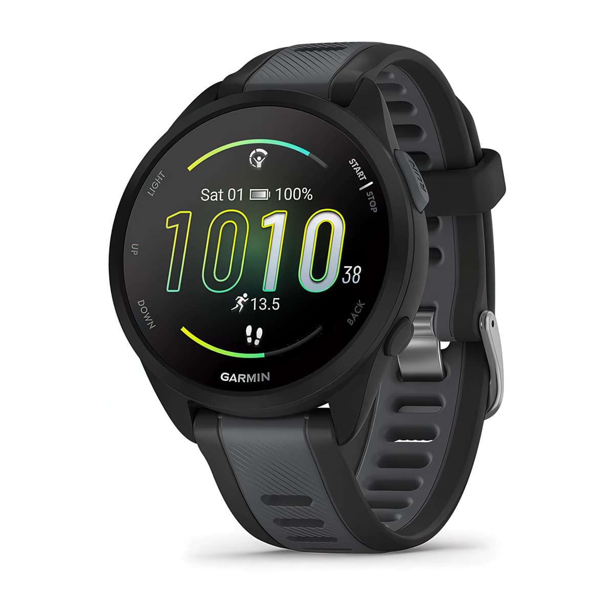 Front-left product shot of the Garmin Forerunner 165 HR in Black-Slate Grey #color_black-slate-grey