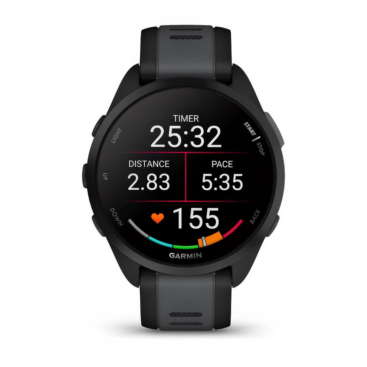 Front product shot of the Garmin Forerunner 165 showing running data screen (metric) in Black-Slate Grey #color_black-slate-grey