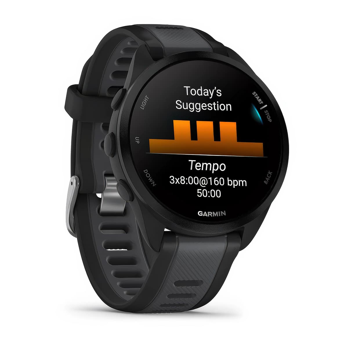 Front-right product shot of the Garmin Forerunner 165 showing daily planner feature in Black-Slate Grey #color_black-slate-grey