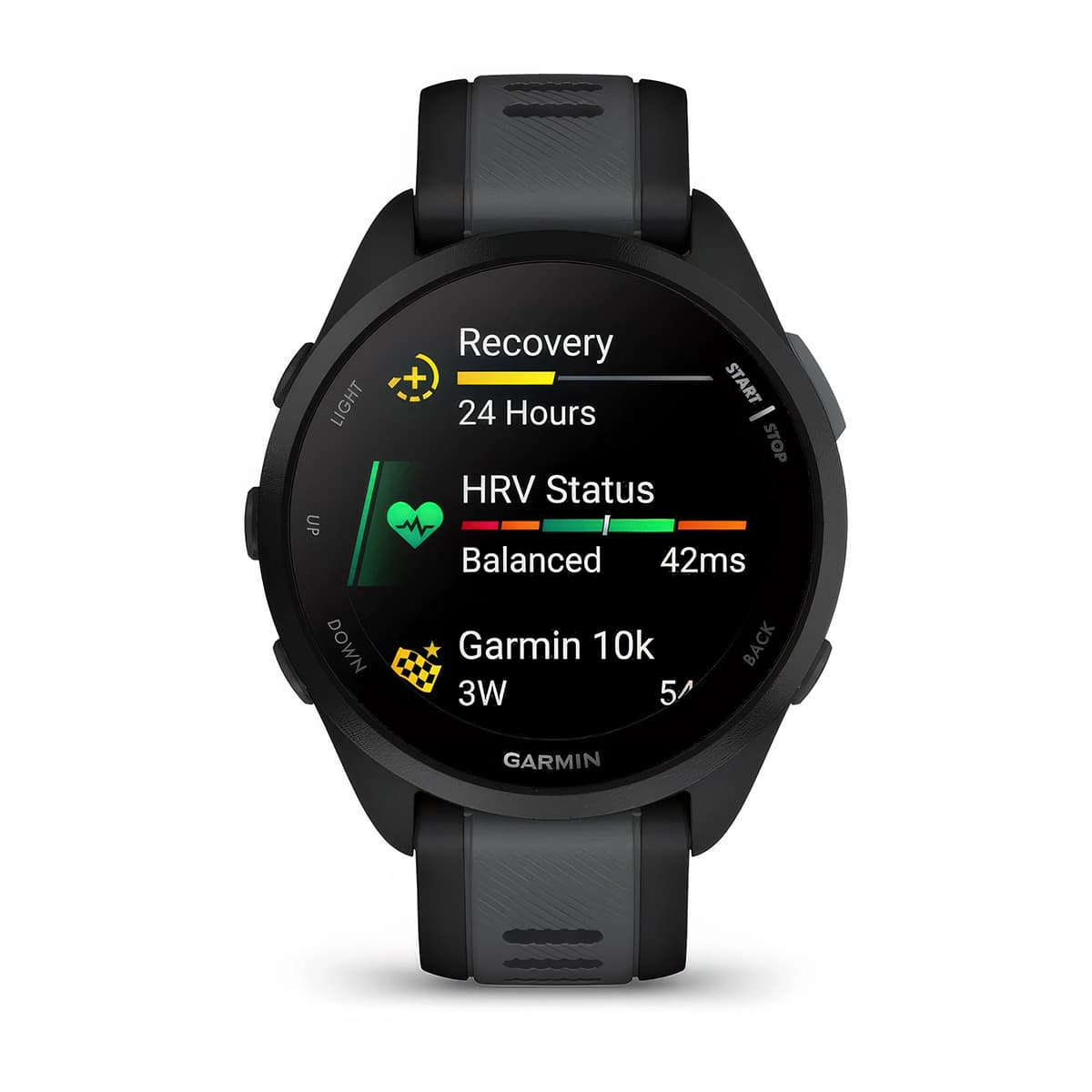 Front product shot of the Garmin Forerunner 165 showing Glances feature in Black-Slate Grey #color_black-slate-grey