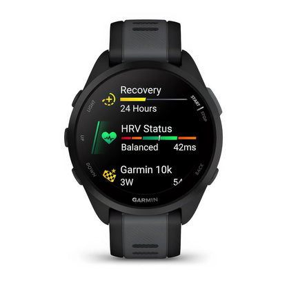 Front product shot of the Garmin Forerunner 165 showing Glances feature in Black-Slate Grey 