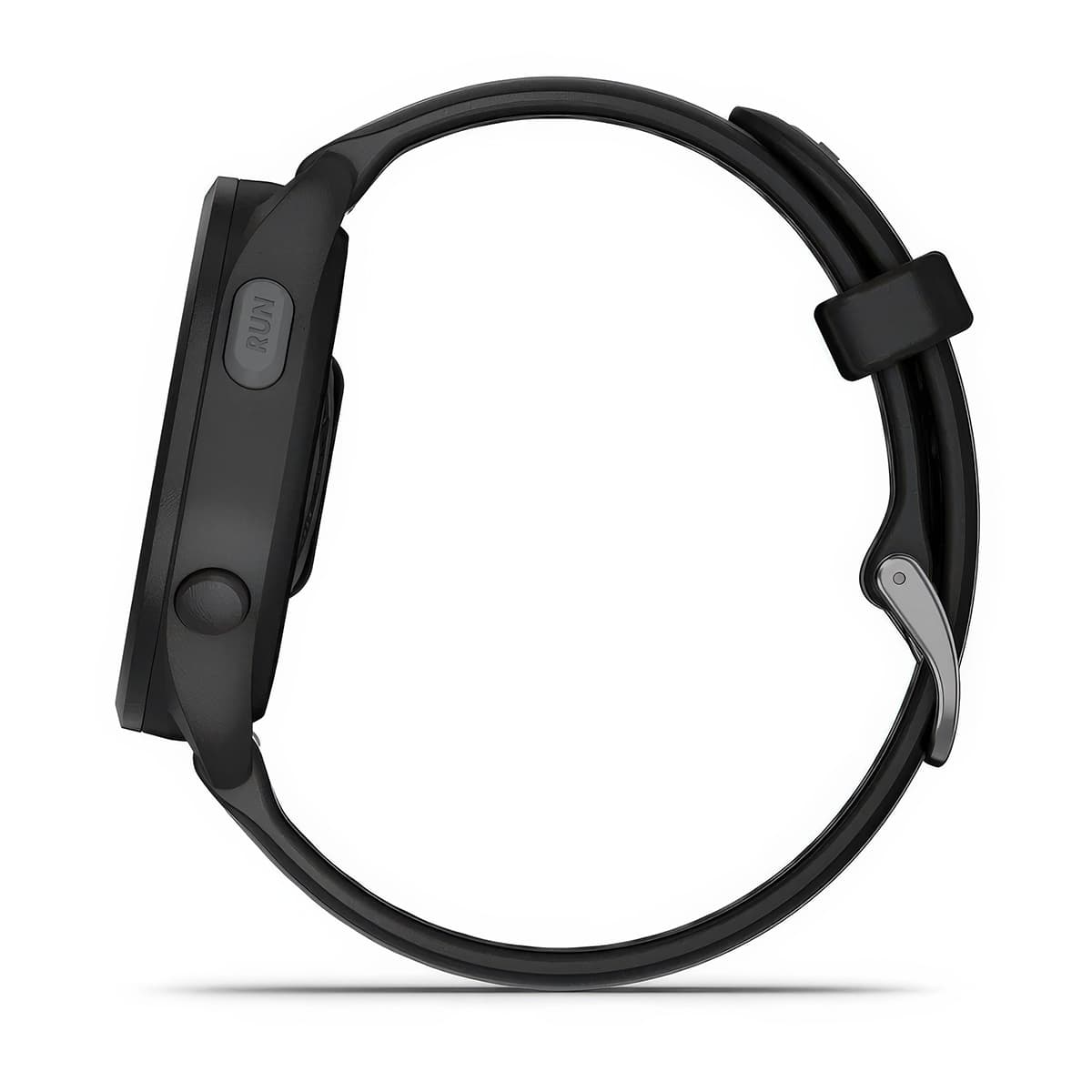 Left-side product shot of the Garmin Forerunner 165 in Black-Slate Grey 