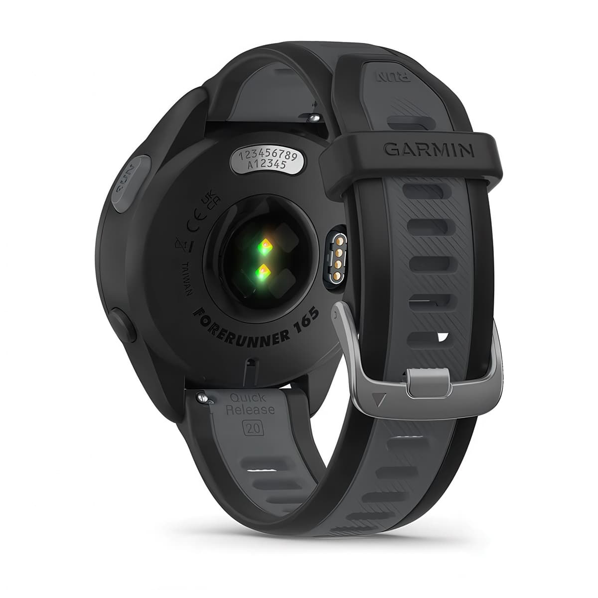 Rear product shot of the Garmin Forerunner 165 showing back sensor in Black-Slate Grey 