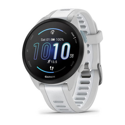 Front-left product shot of the Garmin Forerunner 165 showing watch face in Mist Grey-Whitestone 