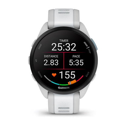 Front product shot of the Garmin Forerunner 165 showing running data screen (metric) in Mist Grey-Whitestone 