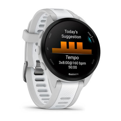 Front-right product shot of the Garmin Forerunner 165 showing daily planner feature in Mist Grey-Whitestone 