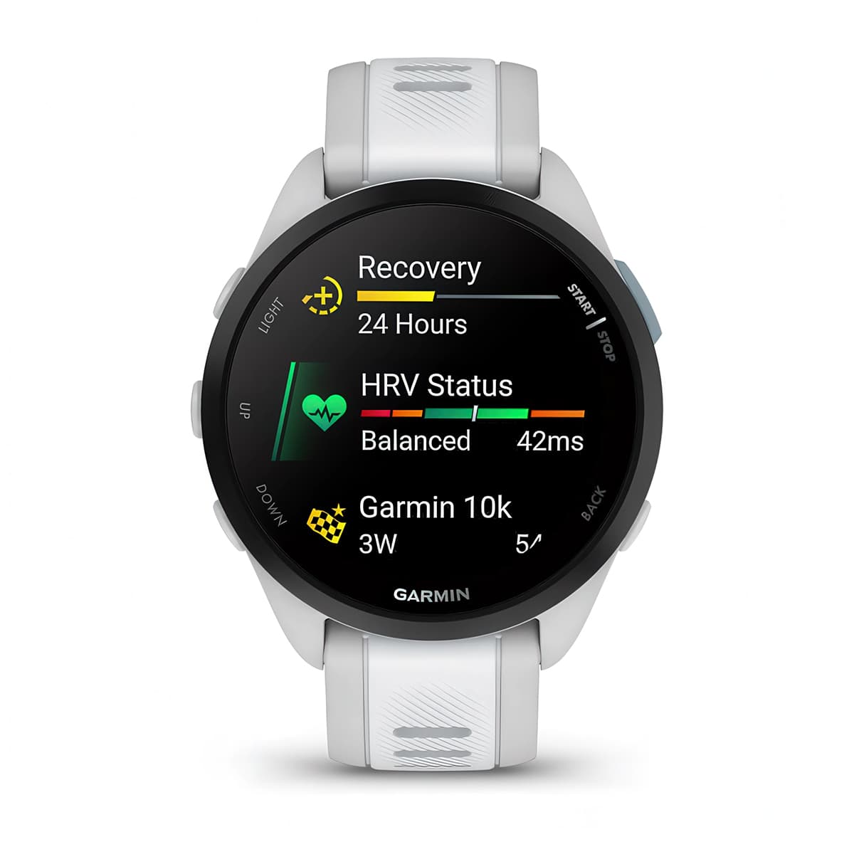 Front product shot of the Garmin Forerunner 165 showing Glances feature in Mist Grey-Whitestone 