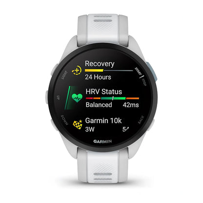 Front product shot of the Garmin Forerunner 165 showing Glances feature in Mist Grey-Whitestone 