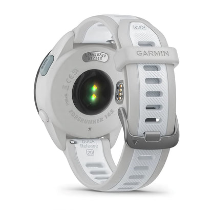Rear product shot of the Garmin Forerunner 165 showing back sensor in Mist Grey-Whitestone 