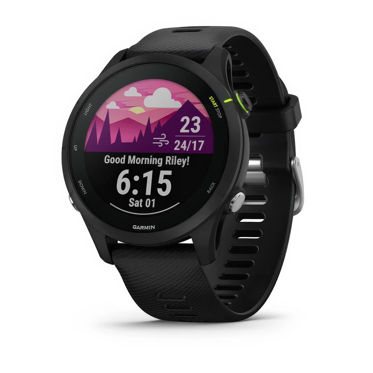 Front product shot of the Garmin Forerunner 255Music showing Morning Report feature in Black #color_black