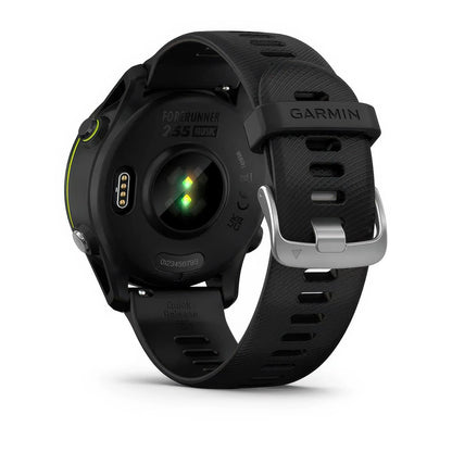 Rear product shot of the Garmin Forerunner 255Music showing back sensor in Black 