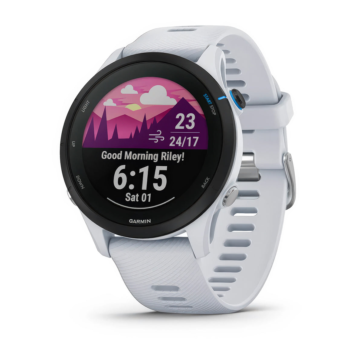 Front product shot of the Garmin Forerunner 255Music showing Morning Report feature in Whitestone 