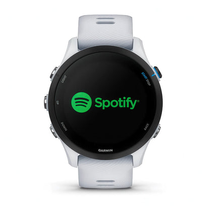 Front product shot of the Garmin Forerunner 255 Music showing music feature in Whitestone 