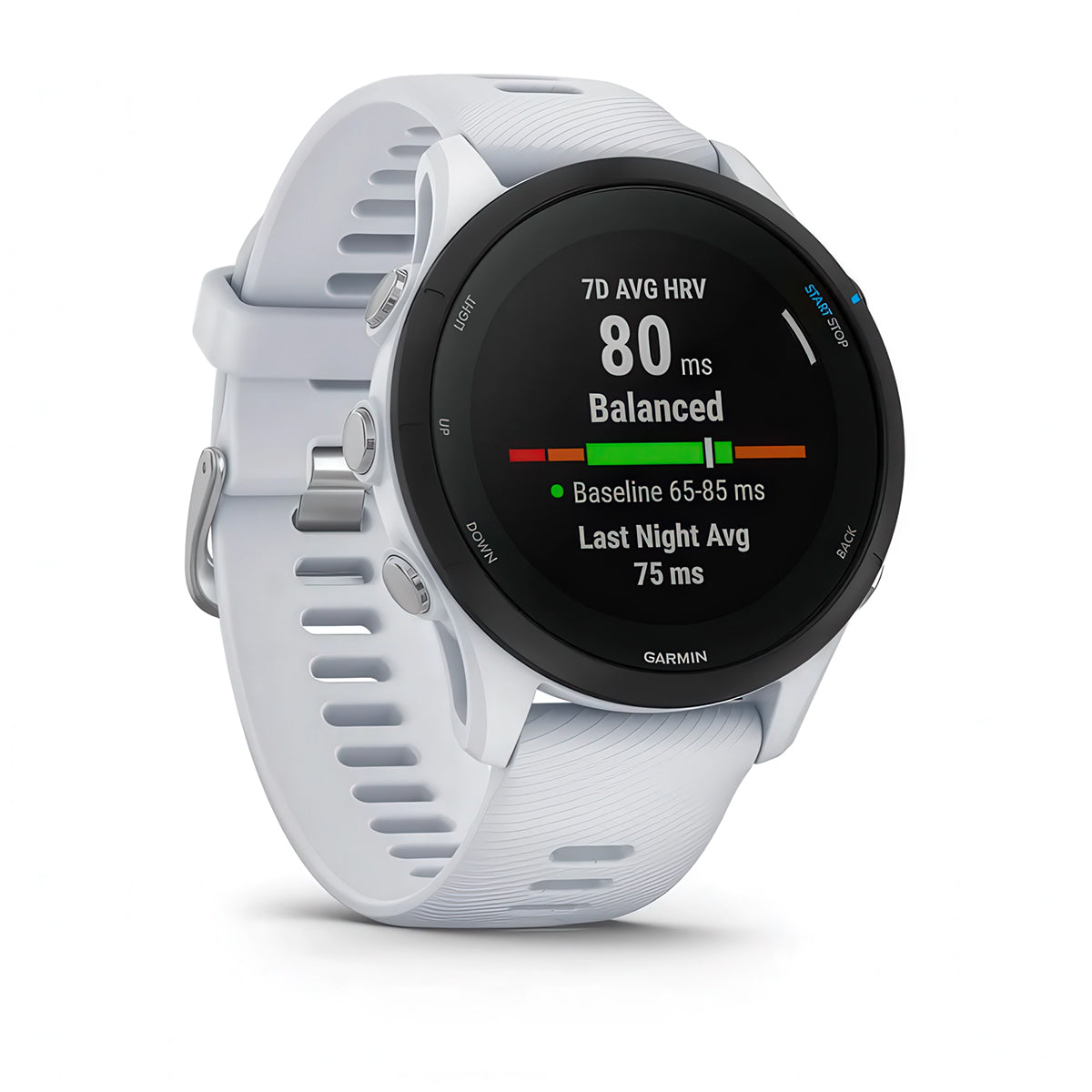 Front-right product shot of the Garmin Forerunner 255 Music showing HRV Status in Whitestone 