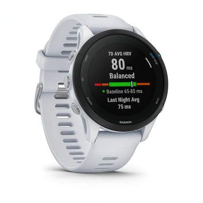Front-right product shot of the Garmin Forerunner 255 Music showing HRV Status in Whitestone 