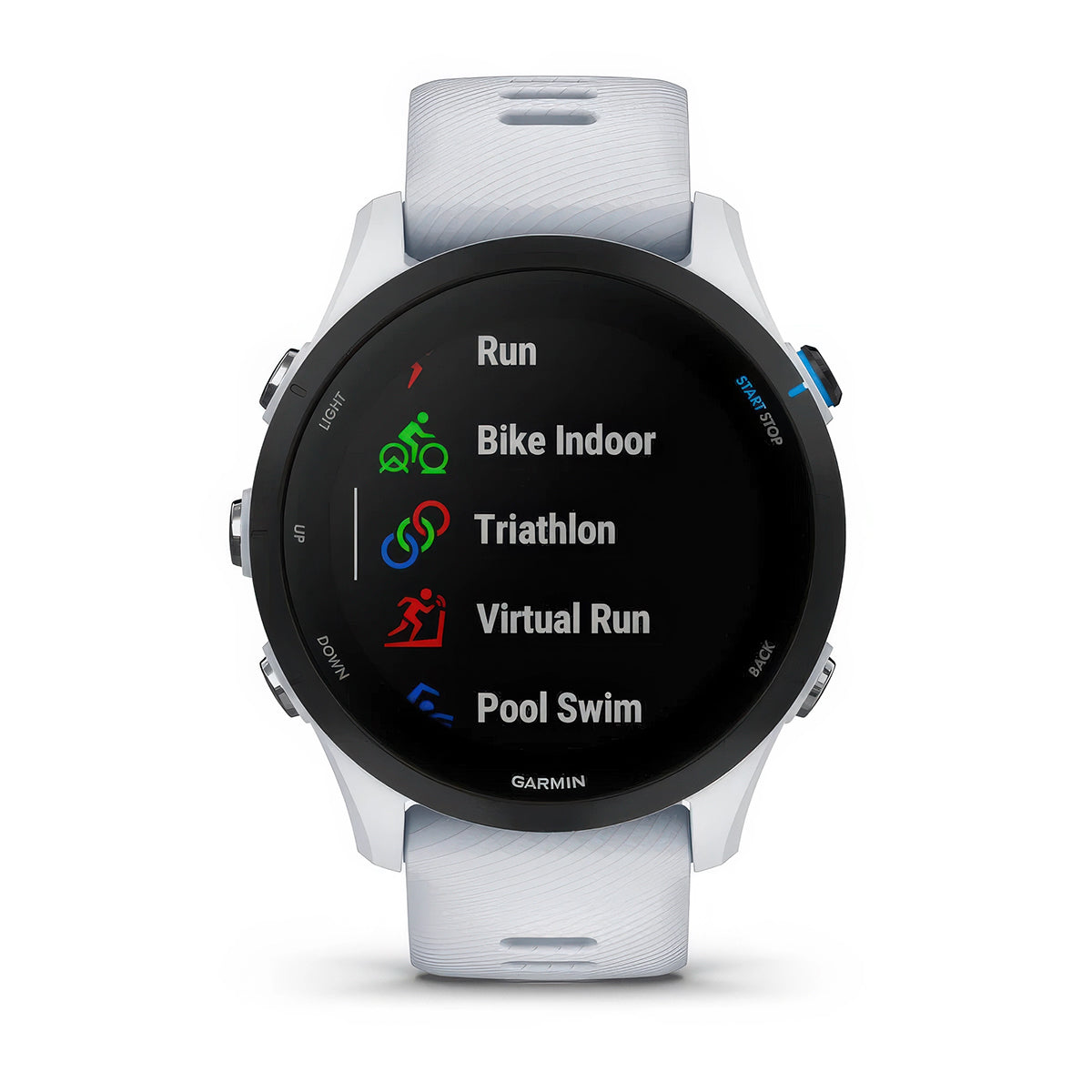 Front product shot of the Garmin Forerunner 255 Music showing built-in sports apps feature in Whitestone 