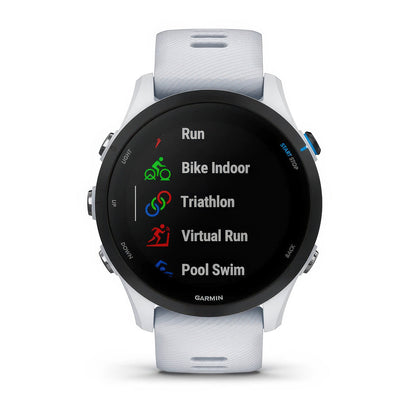 Front product shot of the Garmin Forerunner 255 Music showing built-in sports apps feature in Whitestone 