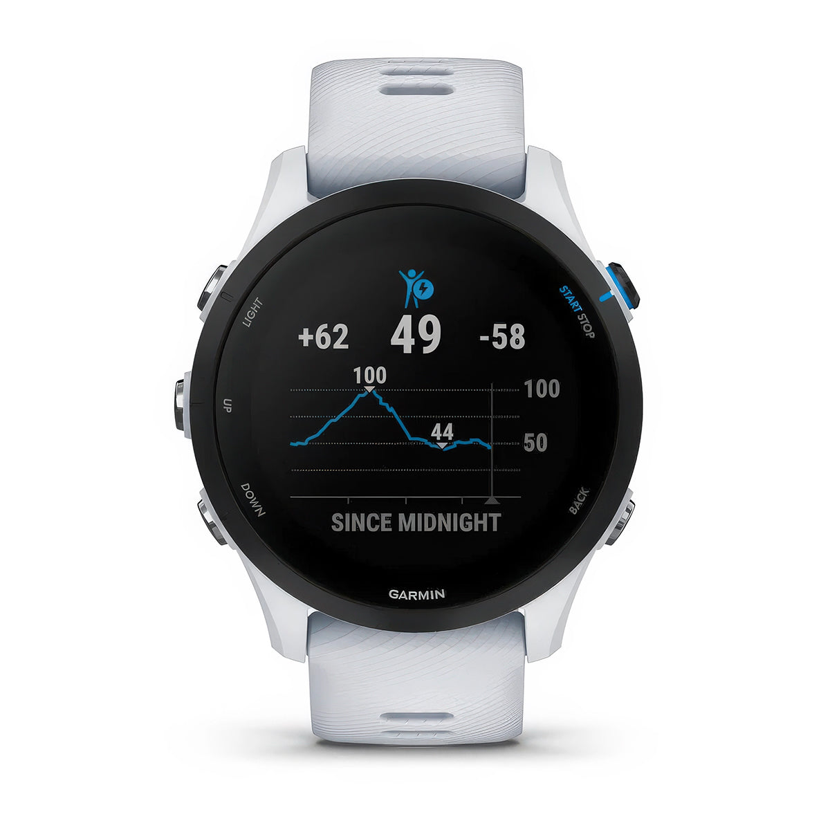 Front product shot of the Garmin Forerunner 255 Music showing Body Battery energy monitoring in Whitestone 