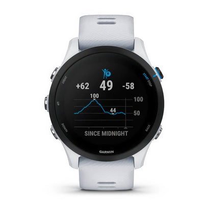 Front product shot of the Garmin Forerunner 255 Music showing Body Battery energy monitoring in Whitestone 