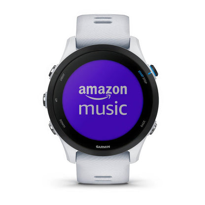Front product shot of the Garmin Forerunner 255 Music showing Amazon Music in Whitestone 