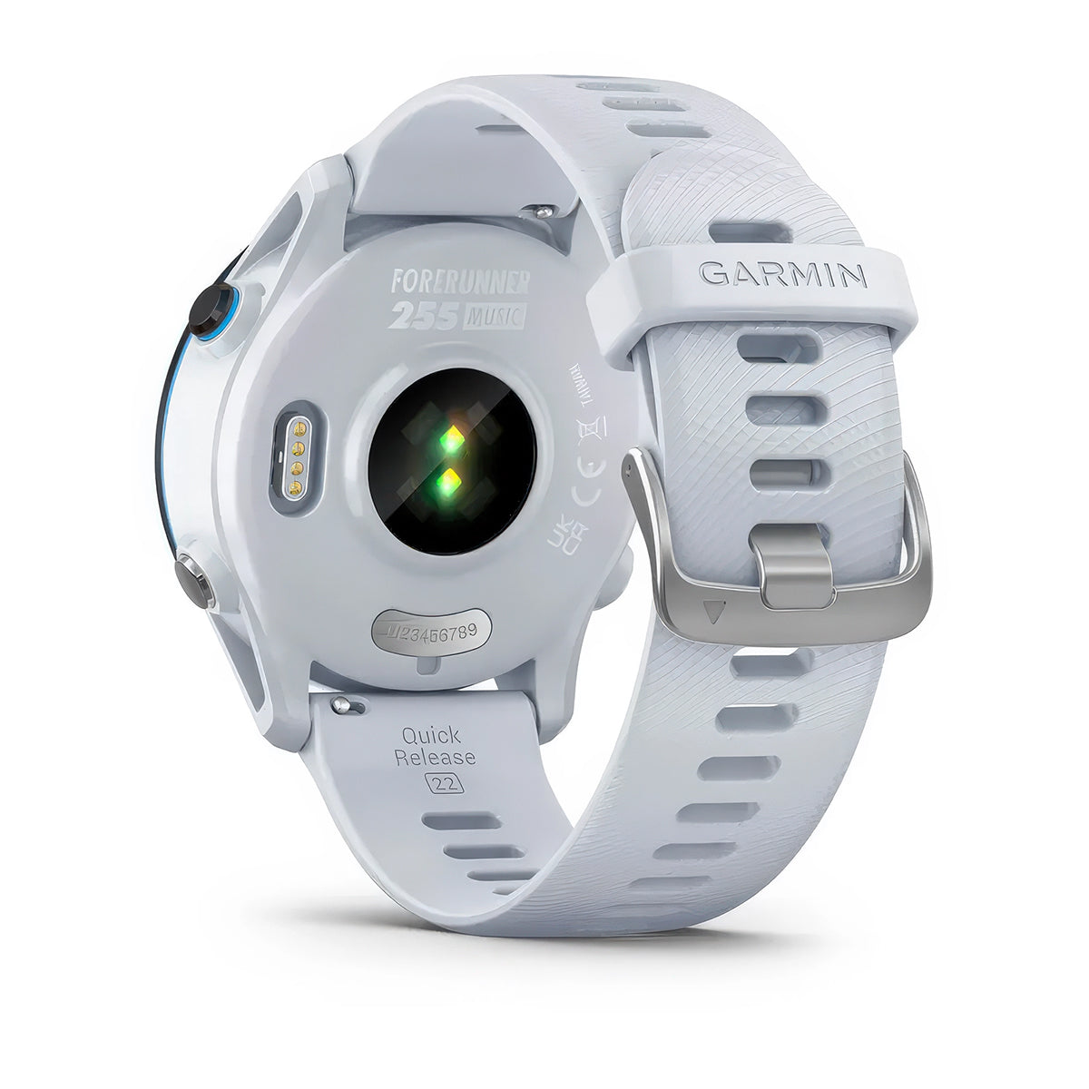 Rear product shot of the Garmin Forerunner 255 Music showing Amazon Music in Whitestone 