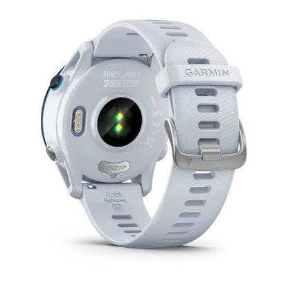 Rear product shot of the Garmin Forerunner 255 Music showing Amazon Music in Whitestone 