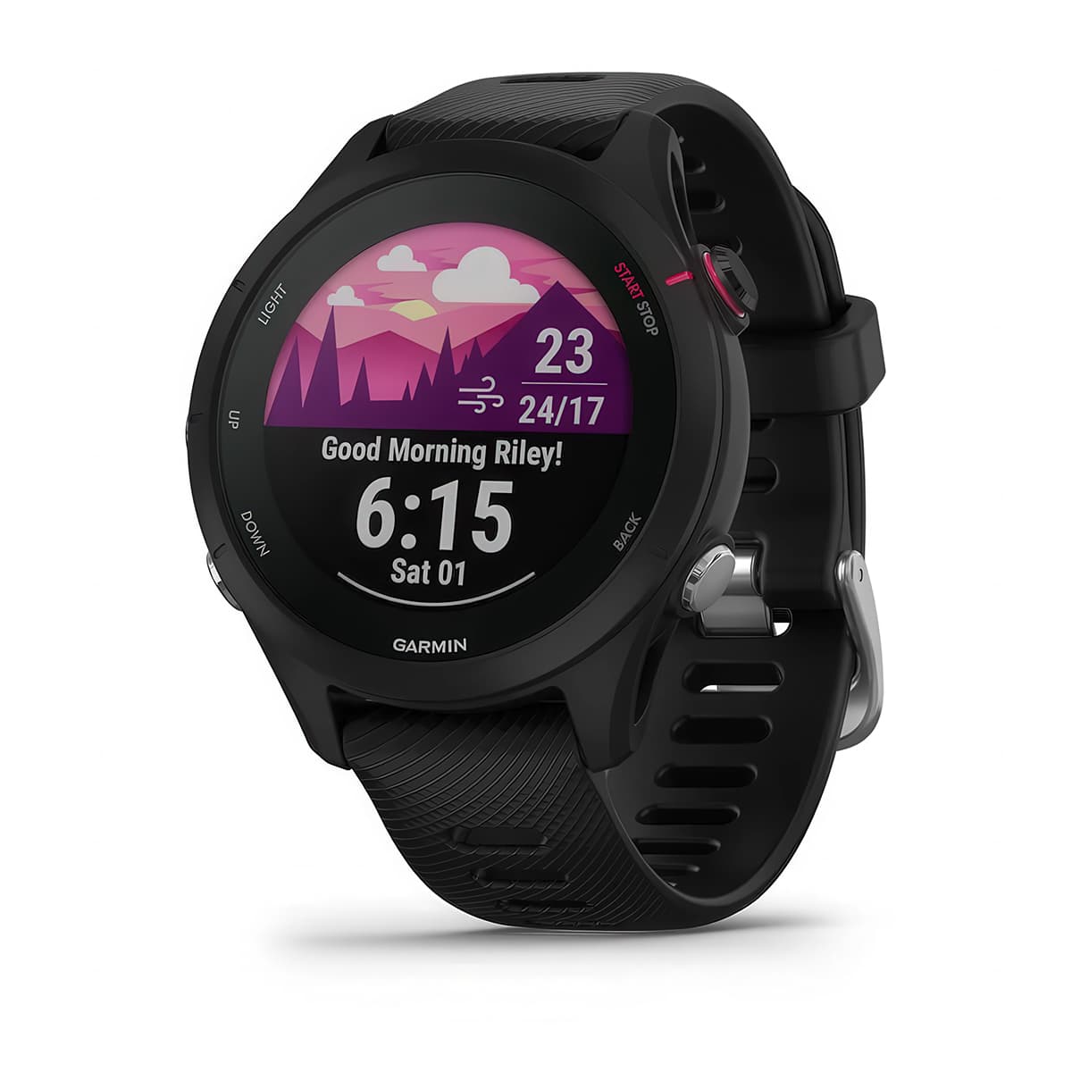 Front product shot of the Garmin Forerunner 255S Music showing Morning Report feature in Black #color_black