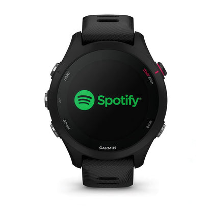 Front product shot of the Garmin Forerunner 255S Music showing music feature in Black 